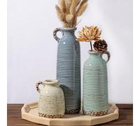 Sawoake Lot de 3 vases en céramique avec poignées, bleu, neutre, rustique, moderne, style ferme, polyvalent, comme centre de table, manteau et étagère, idée cadeau unique pour la maison
