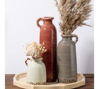 Sawoake Lot de 3 vases en céramique avec poignées, marron, neutre, rustique, moderne, style ferme, polyvalent, comme centre de table, manteau et étagère, idée cadeau unique pour la maison