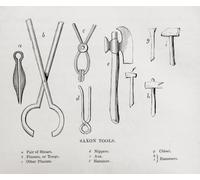 Saxon Tools - a. Paire de ciseaux b. Pinces ou pinces c. Autres pinces d. Pinces e. Hache f. Marteau g. Ciseau h.i. Marteaux. De l'histoire du progrès en Grande-Bretagne publié en 1866. Poster imprimé