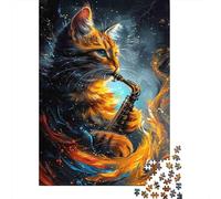 Saxophone Cat Art 1000 Pièces Carton Extra Épais Puzzle De Bricolage Amants De Famille Jeu De Famille Amusant Et Stimulant Belle Décoration 52x38cm/1000pcs
