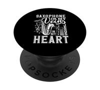 Saxophone in My Veins, saxophoniste en Forme de cœur PopSockets PopGrip Adhésif