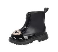 Saxrel Chaussures d'école avec motif cœur et perles pour filles - Fermeture éclair sur le devant - En cuir synthétique - Avec languette à tirer - Chaussures de marche décontractées pour l'hiver