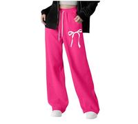 Saxrel Pantalon de jogging droit à jambes larges pour filles - Pantalon de sport taille haute avec cordon de serrage - Joli nœud - Imprimé floral - Pantalon de survêtement léger et décontracté, 1 rose