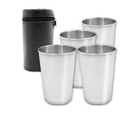 Saxx Lot de 4 gobelets de camping avec pochette en cuir | Gobelet d'extérieur | Compact léger, incassable, 180 ml en acier inoxydable + sac de transport | 5 pièces