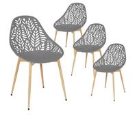 SAYA - Lot de 4 Chaises de Jardin Coque Plastique Ajourée Gris Pieds Métal