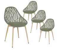SAYA - Lot de 4 Chaises de Jardin Coque Plastique Ajourée Vert Olive Pieds Métal