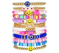 Sayiskid Lot de 12 bracelets d'amitié en argile douce pour filles, bracelets élastiques colorés avec visage souriant, cœur, étoile, lettres