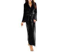 Sayno Peignoir long en velours avec col en V et ceinture pour femme, Noir , M