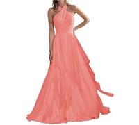 SAYNO Robe de bal de fin d'année longue en mousseline de soie avec perles - Longueur au sol, corail, 40