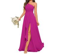 SAYNO Robe de demoiselle d'honneur asymétrique en mousseline de soie avec corsage plissé, robe longue trapèze formelle pour femme, fuchsia, 36