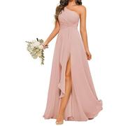 SAYNO Robe de demoiselle d'honneur asymétrique en mousseline de soie avec corsage plissé, robe longue trapèze formelle pour femme, rose, 36
