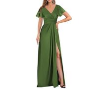 SAYNO Robe de demoiselle d'honneur en mousseline de soie fendue manches flottantes col en V longue robe de soirée formelle, vert olive, 40