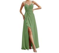 SAYNO Robe de demoiselle d'honneur en mousseline de soie pour femme avec fente fendue, robe de cocktail plissée grande taille, vert sauge, 38