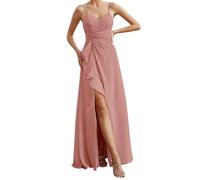 SAYNO Robe de demoiselle d'honneur en mousseline de soie pour femme avec fente fendue, robe de cocktail plissée grande taille, vieux rose, 36