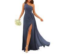 SAYNO Robe de demoiselle d'honneur en mousseline de soie pour femme avec fente - Robe de soirée froncée - Grande taille, Bleu houleux, 38