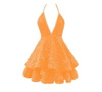SAYNO Robe de soirée courte à paillettes scintillantes pour adolescente, robe de bal de fin d'année, de cocktail, de bal de fin d'année, de soirée à volants, Orange, 58 Grande taille