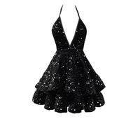 SAYNO Robe de soirée courte à paillettes scintillantes pour adolescente, robe de bal de fin d'année, de cocktail, de bal de fin d'année, de soirée à volants, Noir , 58 Grande taille