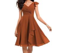 SAYNO Robe de soirée en mousseline de soie pour adolescents - Col en V - Robe de bal à volants - Grande taille, orange brûlé, 34