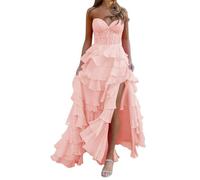 SAYNO Robe de soirée longue en mousseline de soie plissée sans bretelles pour femme, rose poudré, 36