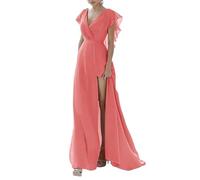 SAYNO Robe longue formelle à col en V pour femme - Robe de demoiselle d'honneur plissée pour invitées de mariage - Robe longue fendue, corail, 36
