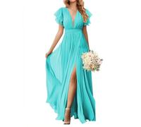 SAYNO Robes de demoiselle d'honneur à col en V avec manches fendues à volants en mousseline de soie avec poches, turquoise, 46