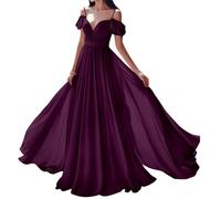 SAYNO Robes de demoiselle d'honneur à épaules dénudées en mousseline de soie avec col en V et poches, prune, 42