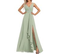 SAYNO Robes de demoiselle d'honneur avec volants Longueur ras du sol Col en V en mousseline de soie Robes d'invitées de mariage pour, Céladon, 36