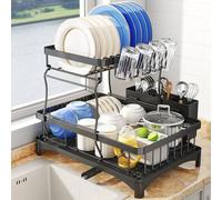 SAYZH Égouttoir à Vaisselle Détachable à 2 Niveaux, Organiseur D'égouttoir à Vaisselle De Grande Capacité avec Porte-ustensiles, Egouttoir à Tasses pour Comptoir De Cuisine Noir