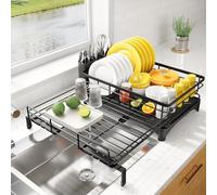 SAYZH Égouttoir à Vaisselle, Egouttoir Vaisselle Extensible avec Porte-Couverts et Bec d'égouttage Pivotant, pour Comptoir de Cuisine et Évier, Noir