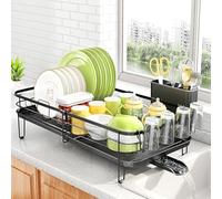 SAYZH Égouttoir à Vaisselle, Extensible (32,5 cm à 54,6 cm) Egouttoir à Vaisselle avec Porte-ustensiles Porte-gobelet, Egouttoir à Vaisselle en Acier Inoxydable pour Comptoir de Cuisine, Noir