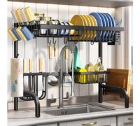 SAYZH Égouttoir à Vaisselle au-Dessus de l'évier, 2 Niveaux réglables (64 à 85 cm) avec Porte-éponge à ustensiles pour l'organisation du comptoir de Cuisine, Noir