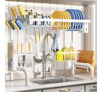 SAYZH Égouttoir à Vaisselle réglable (64 à 85 cm) à 2 Niveaux en métal en Acier pour comptoir de Cuisine avec Crochets, essuie-Tout, Porte-ustensiles, Porte-gobelet, Blanc