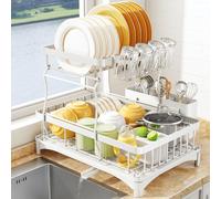 SAYZH Égouttoir Vaisselle Détachable à 2 Niveaux, Organiseur D'égouttoir à Vaisselle De Grande Capacité avec Porte-ustensiles, Egouttoir à Tasses pour Comptoir De Cuisine Blanc
