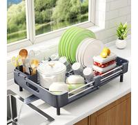SAYZH Egouttoir Vaisselle, Extensible (33,5 CM-50 CM) Égouttoir à Vaisselle en Acier Inoxydable avec Porte-ustensiles Porte-gobelets pour Comptoir de Cuisine (Gris)