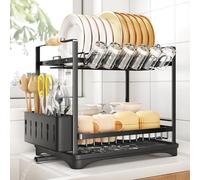 SAYZH Grand Égouttoir à Vaisselle, Egouttoir Vaisselle à 2 Étages sur Evier, Égouttoir à Vaisselle Cuisine avec Bec Verseur d'égouttage Pivotant/Porte-ustensiles pour Le Comptoir de Cuisine, Noir