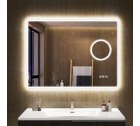 S'bagno 80x60cm Bluetooth Miroir LED Salle de Bain, Grossissant 5X | Miroir Salle de Bain avec Eclairage, Anti-buée, 3 Couleurs, Dimmable, Mémoire, Verre Trempé, IP44, CRI>90, Pose Réversible