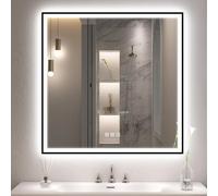 S'bagno 80x80cm Bluetooth Miroir Salle de Bain avec Eclairag, Cadre Fer | Led Miroir Lumineux, Anti-buée, 3 Modes d'Éclairage, Dimmable, Mémoire, Verre Trempé, IP44, CRI>90, Pose Réversible, Noir
