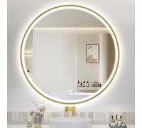 S'bagno Miroir Salle de Bain avec Eclairage 90 cm, Miroir Rond Salle de Bain avec Cadre Aluminium, Anti-Buée, 3000-6500K, Verre Trempé HD, IP44 Miroir Lumineux Salle de Bain Fonction Mémoire, Doré
