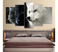 SBDYH Photos sur Toile Impressions 5 Pièces sur Toile Couple de loups loup noir et blanc Tableau Multi Panneau décoration Murale Salon Chambre peintures murales cadeau créatives 150x80cm