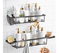 Sben Étagère de douche adhésive en acier inoxydable, grande capacité sans perçage, accessoires de rangement avec 2 porte-savon, porte-brosse à dents et 8 crochets, décoration d'intérieur, noir