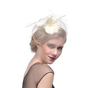 SBJKLYRN chapeau de cocktail， Bandeau en maille avec fleurs et rubans for femme, idéal for un mariage, un cocktail, un thé ou une fête(Beige)