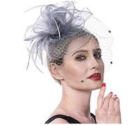 SBJKLYRN chapeau de cocktail， Chapeau bibi for femme, en maille, avec rubans et plumes, serre-tête, pince à cheveux, for cocktail, thé, fête(Grey)