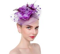 SBJKLYRN chapeau de cocktail， Serre-tête en maille fleurie et plumes for femme, idéal for un mariage, un cocktail, une fête ou un thé(Purple)