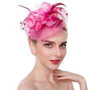 SBJKLYRN chapeau de cocktail， Serre-tête en maille fleurie et plumes for femme, idéal for un mariage, un cocktail, une fête ou un thé(Pink)