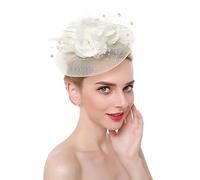 SBJKLYRN chapeau de cocktail， Serre-tête en maille fleurie et plumes for femme, idéal for un mariage, un cocktail, une fête ou un thé(Beige)