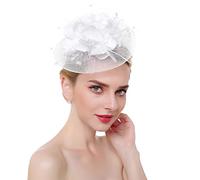 SBJKLYRN chapeau de cocktail， Serre-tête en maille fleurie et plumes for femme, idéal for un mariage, un cocktail, une fête ou un thé(White)