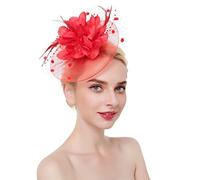 SBJKLYRN chapeau de cocktail， Serre-tête en maille fleurie et plumes for femme, idéal for un mariage, un cocktail, une fête ou un thé(Red)