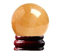 SBJKLYRN Ornement Boule de Cristal, Sphère de Calcite Jaune avec Support en Bois, Boules décoratives Quartz Citrine, guérison des Chakras naturels polis(Diameter 2.4")