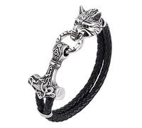 SBRTL Bracelet Mjolnir de Marteau Thor Tête Loup pour Hommes, Mythe Nordique de Viking Harajuku Païen en Acier Inoxydable Chaîne Cuir Amulette Rune Bijoux Cadeau,18.5cm