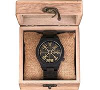 SBRTL Montre en Bois pour Hommes Viking, Montre-Bracelet en Bois avec Casque de Symbole de crainte mythologie Nordique Bracelet en Bois Vintage Montre à Quartz réglable Cadeau de Cercle de Rune,Noir